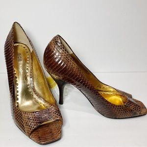BCBGirls Ariel2 Brown Reptile Peep Toe Leather Heels Size 7.5